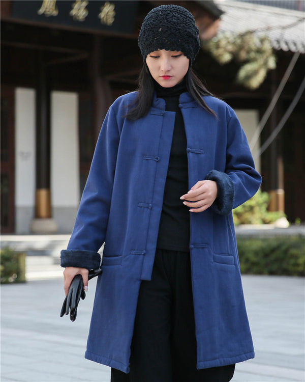 Women Artsy Middle Length Linen and Cotton Chinese Buckle Round Neck Coat (Inside With Velvet)