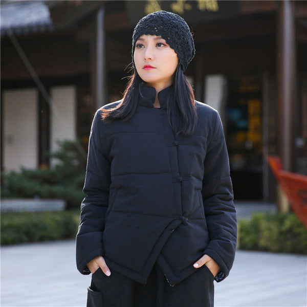 Women Chinese Artsy Short Length Linen and Cotton Chinese Band Collar Quilted Jacket