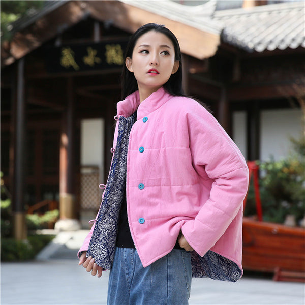 Women Chinese Artsy Causal Short Length Linen and Cotton Chinese Band Collar Quilted Jacket