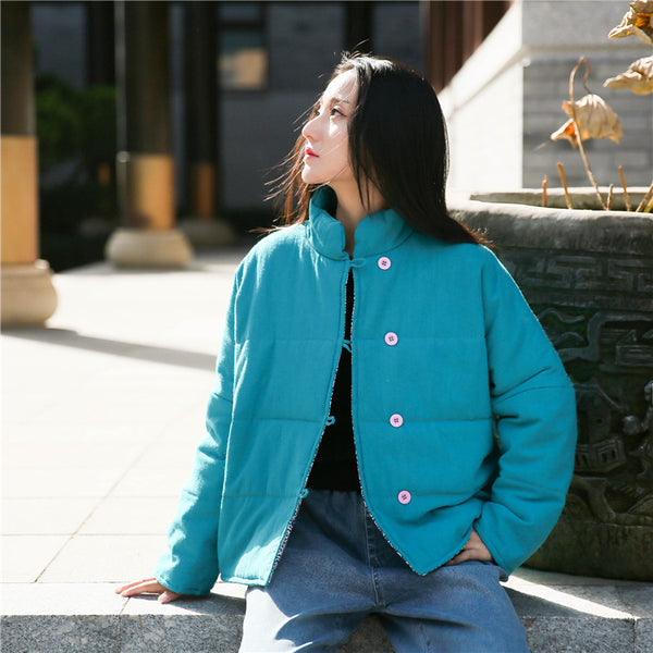 Women Chinese Artsy Causal Short Length Linen and Cotton Chinese Band Collar Quilted Jacket