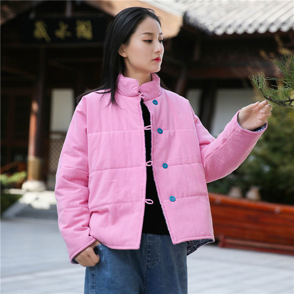 Women Chinese Artsy Causal Short Length Linen and Cotton Chinese Band Collar Quilted Jacket