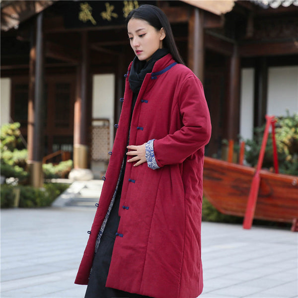 Women Retro Style Middle Length Linen and Cotton Quilted Stand Collar Coat