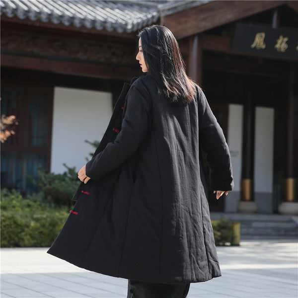 Women Retro Style Middle Length Linen and Cotton Quilted Stand Collar Coat