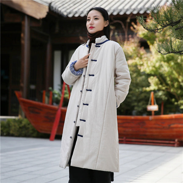 Women Retro Style Middle Length Linen and Cotton Quilted Stand Collar Coat