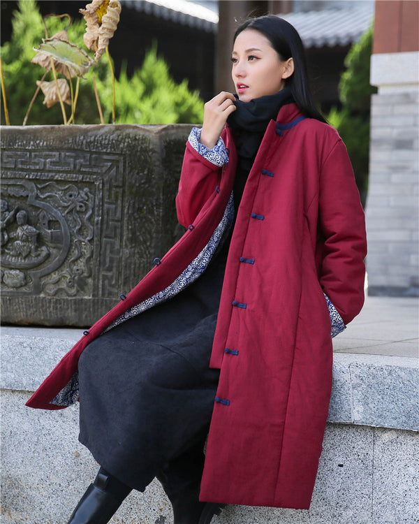 Women Retro Style Middle Length Linen and Cotton Quilted Stand Collar Coat