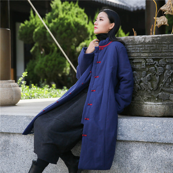 Women Retro Style Middle Length Linen and Cotton Quilted Stand Collar Coat