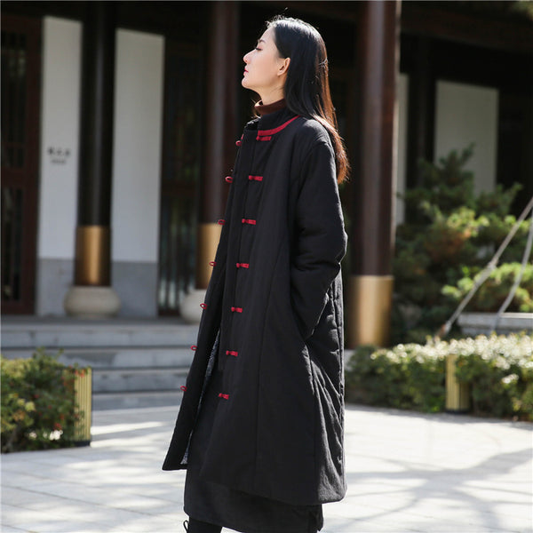 Women Retro Style Middle Length Linen and Cotton Quilted Stand Collar Coat