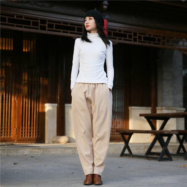 Women Wrinkle Linen and Cotton Tapered Pants With Velvet Inside