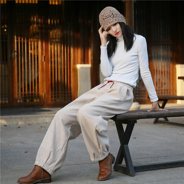 Women Exotic Style Wrinkle Linen and Cotton Lantern Pants With Velvet Inside