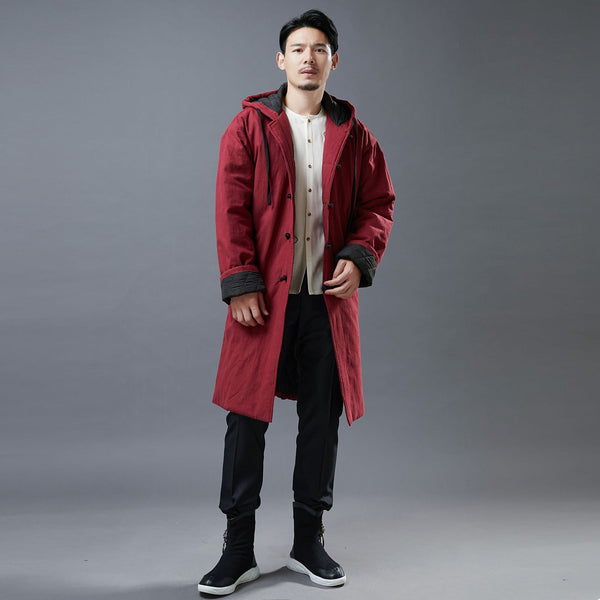 Men Simple Casual Style Linen and Cotton Middle Length Buckle Quilted Hoodie Coat