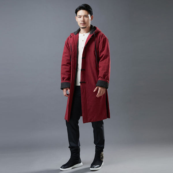 Men Simple Casual Style Linen and Cotton Middle Length Buckle Quilted Hoodie Coat