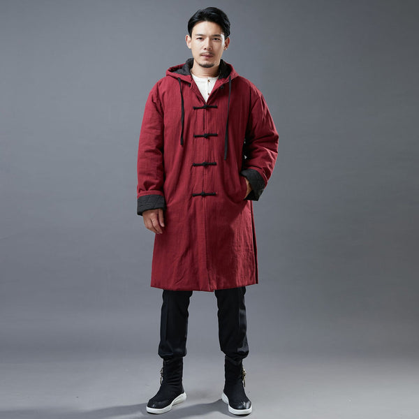 Men Simple Casual Style Linen and Cotton Middle Length Buckle Quilted Hoodie Coat