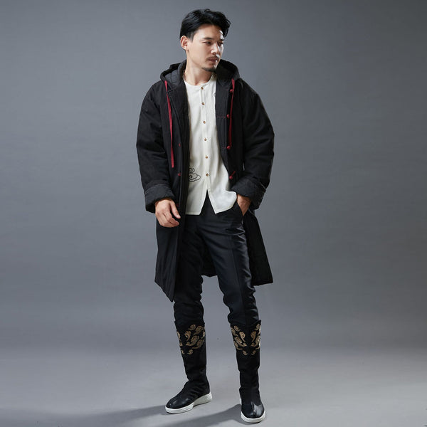 Men Simple Casual Style Linen and Cotton Middle Length Buckle Quilted Hoodie Coat