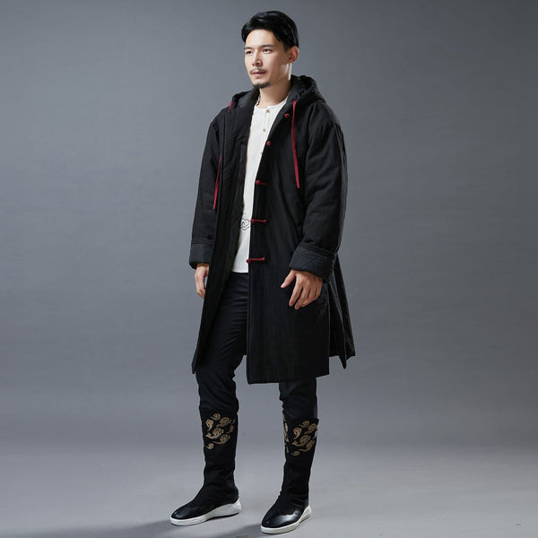 Men Simple Casual Style Linen and Cotton Middle Length Buckle Quilted Hoodie Coat