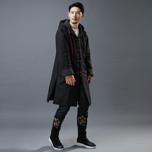 Men Simple Casual Style Linen and Cotton Middle Length Buckle Quilted Hoodie Coat