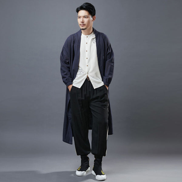 Men Asian Style Linen and Cotton Buckle Windbreaker Coat