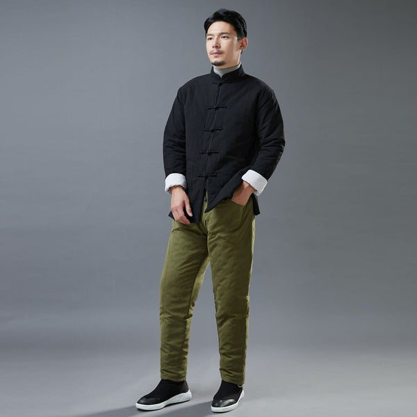 Men Asian Style Linen and Cotton Chinese Buckle Quilted Jacket