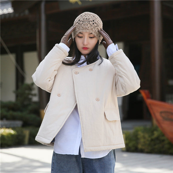 Women Artsy Short Length Linen and Cotton Quilted Round Neck Jacket