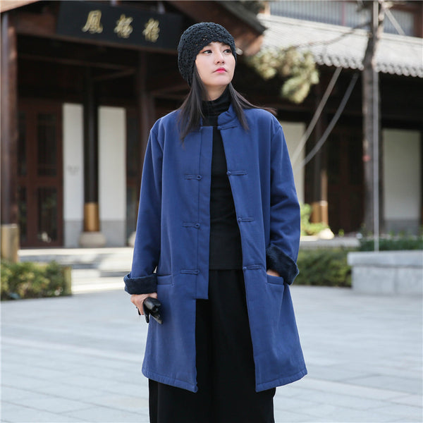 Women Artsy Middle Length Linen and Cotton Chinese Buckle Round Neck Coat (Inside With Velvet)