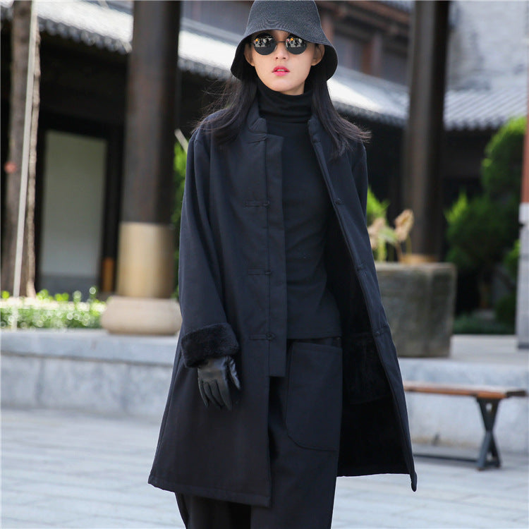 Women Artsy Middle Length Linen and Cotton Chinese Buckle Round Neck Coat  (Inside With Velvet)