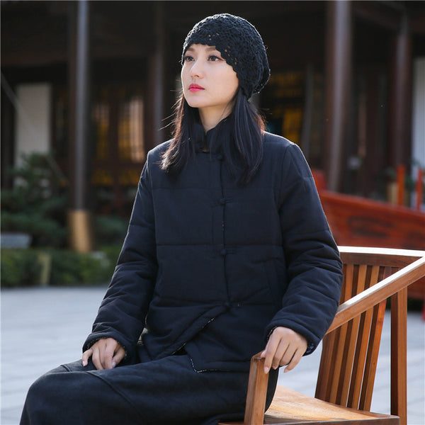 Women Chinese Artsy Short Length Linen and Cotton Chinese Band Collar Quilted Jacket