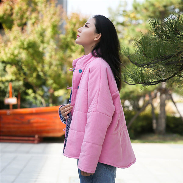 Women Chinese Artsy Causal Short Length Linen and Cotton Chinese Band Collar Quilted Jacket