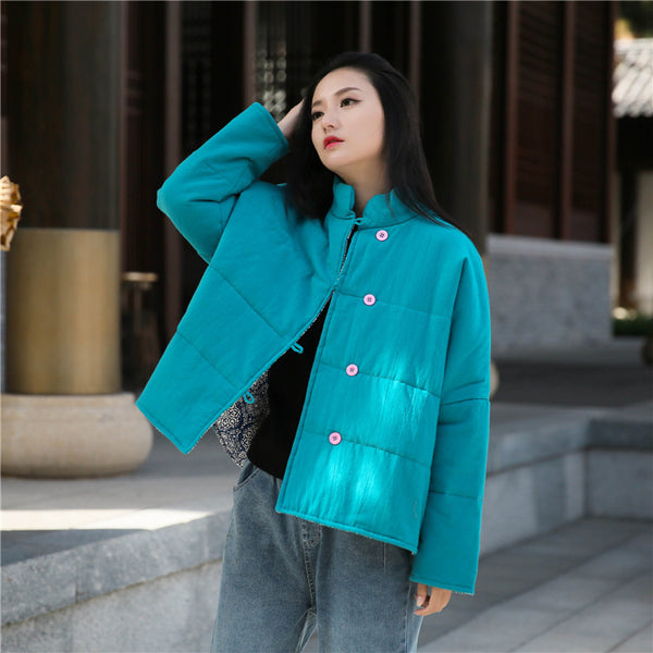 Women Chinese Artsy Causal Short Length Linen and Cotton Chinese Band Collar Quilted Jacket