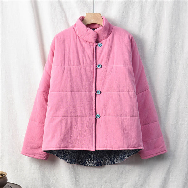 Women Chinese Artsy Causal Short Length Linen and Cotton Chinese Band Collar Quilted Jacket