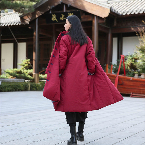 Women Retro Style Middle Length Linen and Cotton Quilted Stand Collar Coat