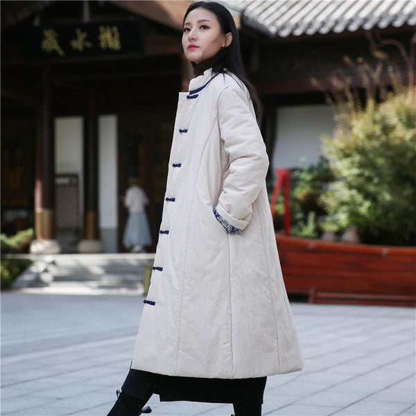 Women Retro Style Middle Length Linen and Cotton Quilted Stand Collar Coat