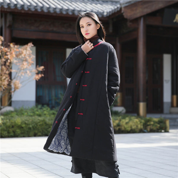 Women Retro Style Middle Length Linen and Cotton Quilted Stand Collar Coat