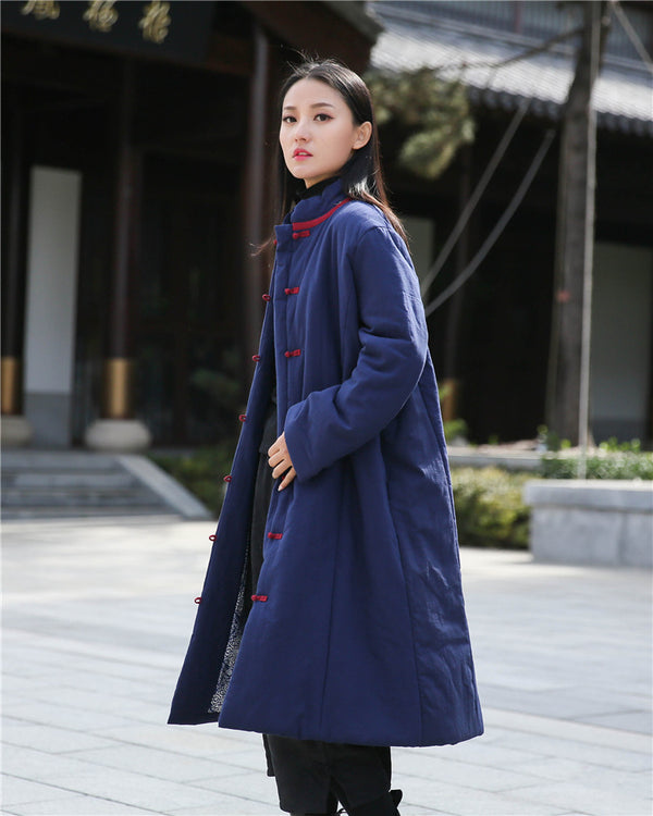 Women Retro Style Middle Length Linen and Cotton Quilted Stand Collar Coat