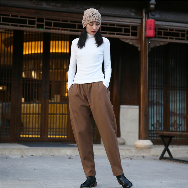 Women Wrinkle Linen and Cotton Tapered Pants With Velvet Inside