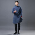 Men Simple Pure Color Style Linen and Cotton Middle Length Side Buckle Quilted Jacket