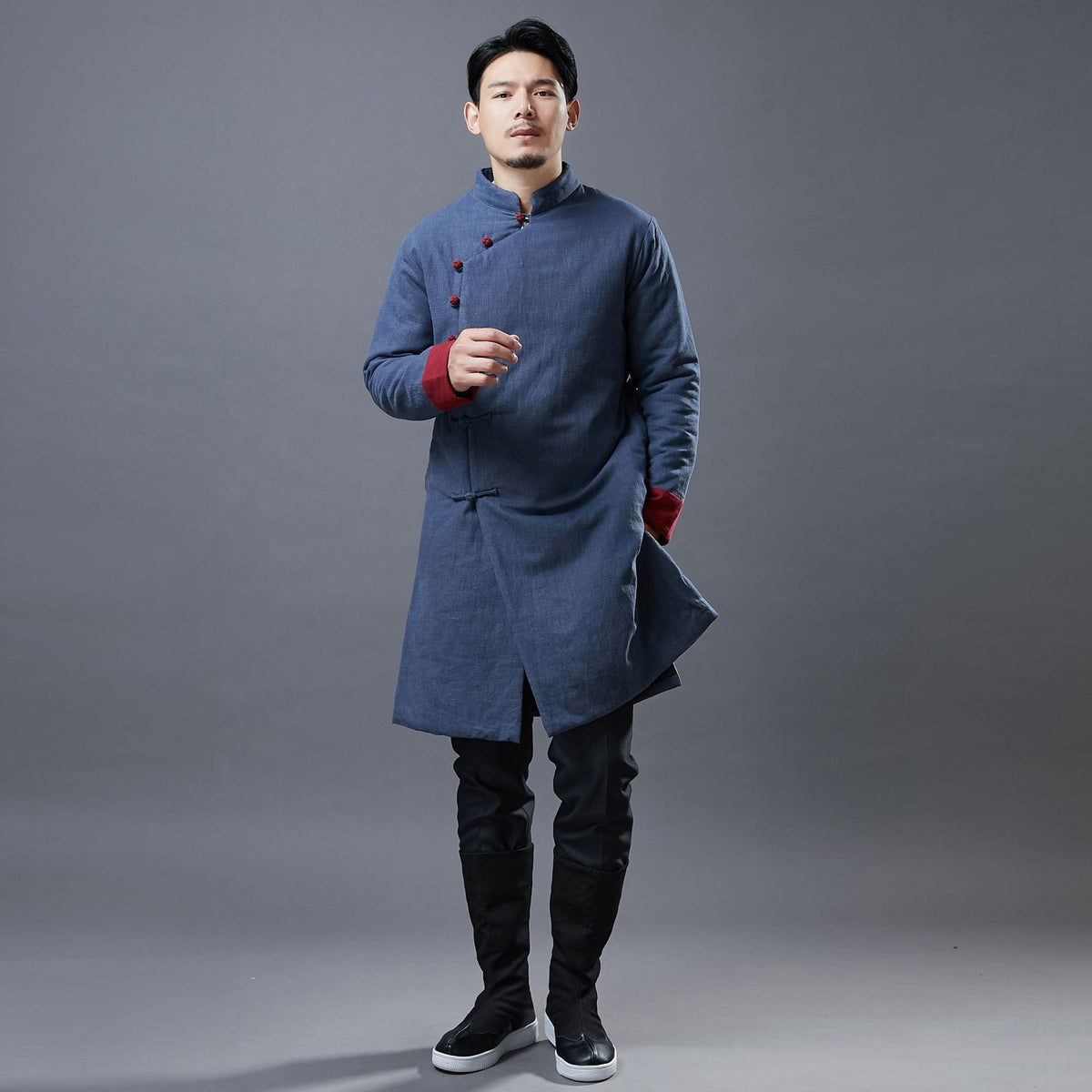 Men Simple Pure Color Style Linen and Cotton Middle Length Side Buckle Quilted Jacket
