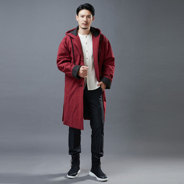 Men Simple Casual Style Linen and Cotton Middle Length Buckle Quilted Hoodie Coat