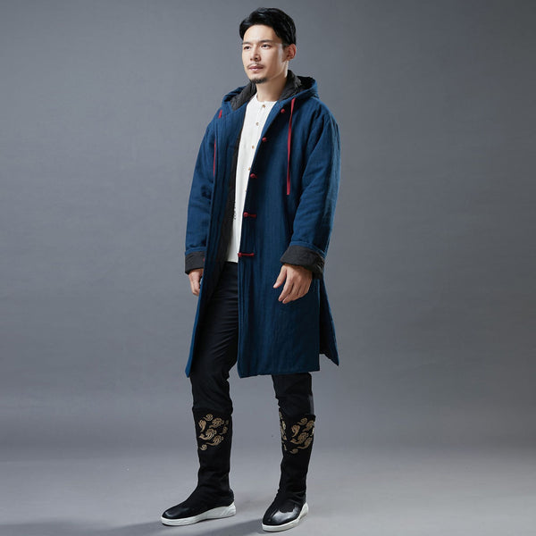 Men Simple Casual Style Linen and Cotton Middle Length Buckle Quilted Hoodie Coat