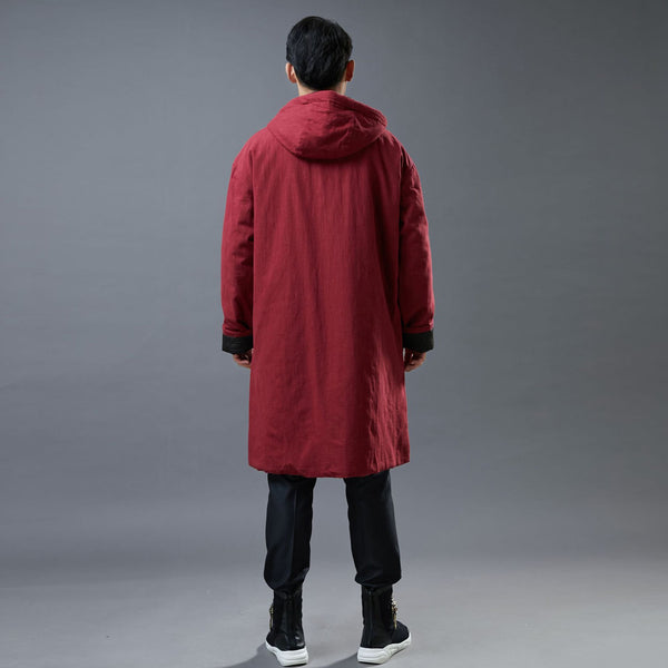 Men Simple Casual Style Linen and Cotton Middle Length Buckle Quilted Hoodie Coat