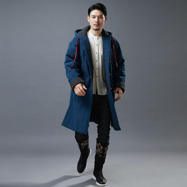 Men Simple Casual Style Linen and Cotton Middle Length Buckle Quilted Hoodie Coat