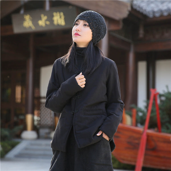 Women Chinese Artsy Short Length Linen and Cotton Chinese Buckle Quilted Coat