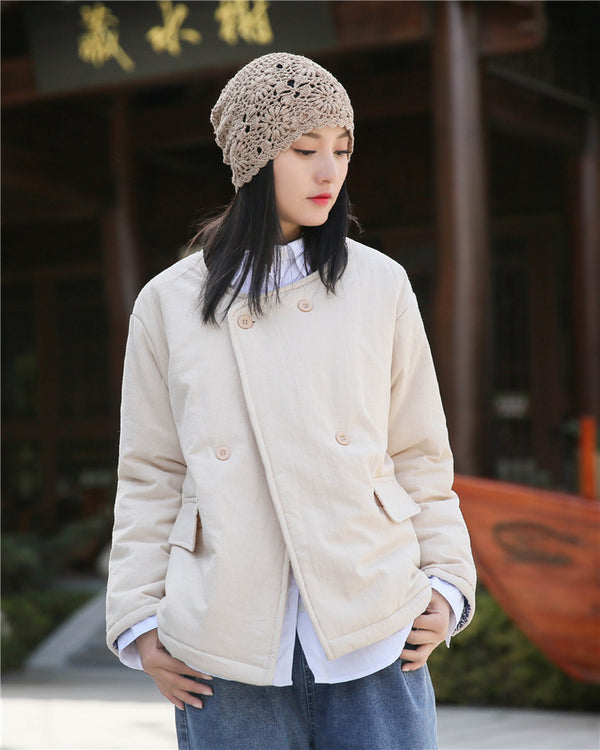 Women Artsy Short Length Linen and Cotton Quilted Round Neck Jacket