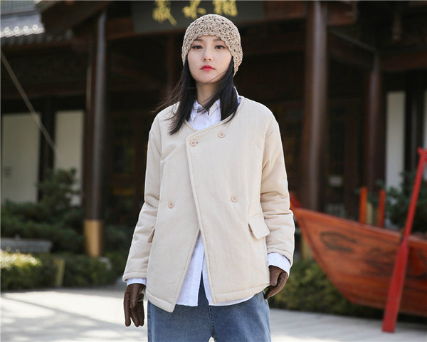 Women Artsy Short Length Linen and Cotton Quilted Round Neck Jacket