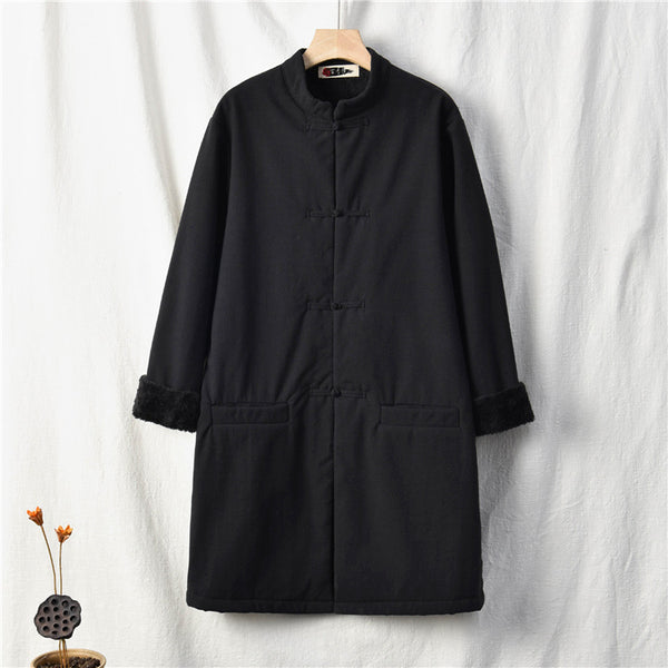 Women Artsy Middle Length Linen and Cotton Chinese Buckle Round Neck Coat (Inside With Velvet)