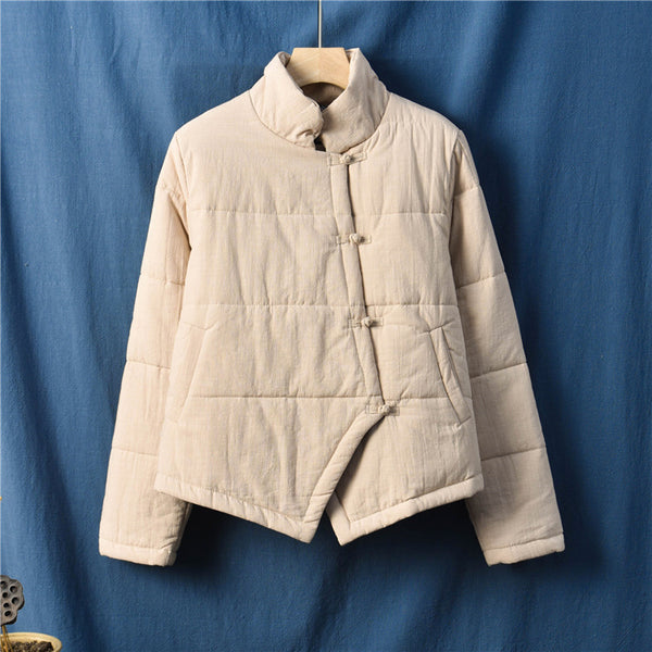 Women Chinese Artsy Short Length Linen and Cotton Chinese Band Collar Quilted Jacket