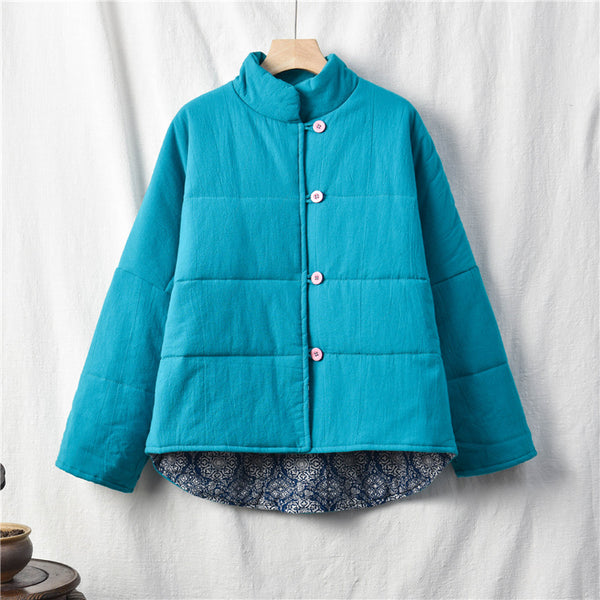 Women Chinese Artsy Causal Short Length Linen and Cotton Chinese Band Collar Quilted Jacket