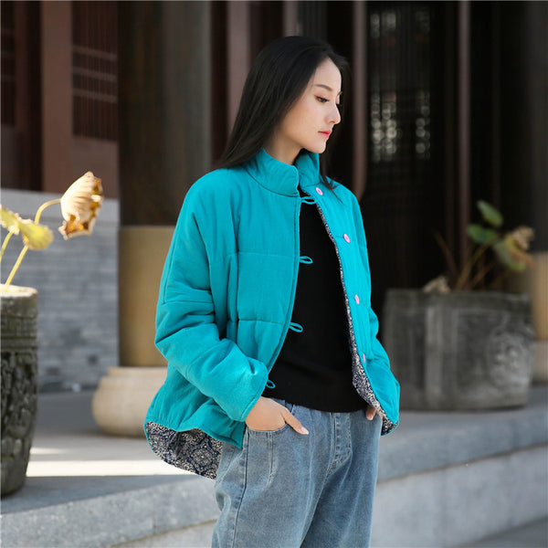 Women Chinese Artsy Causal Short Length Linen and Cotton Chinese Band Collar Quilted Jacket