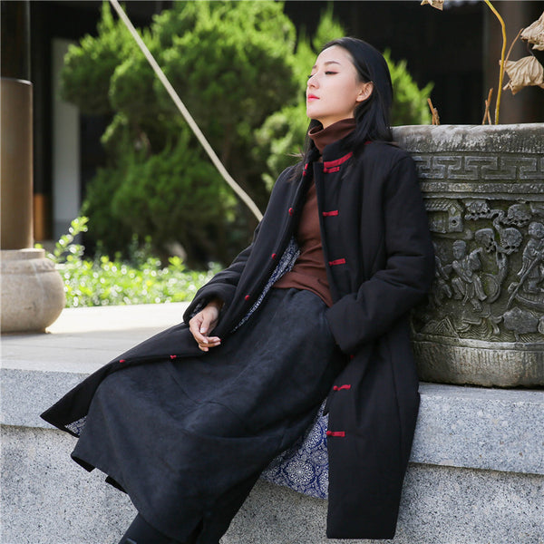 Women Retro Style Middle Length Linen and Cotton Quilted Stand Collar Coat