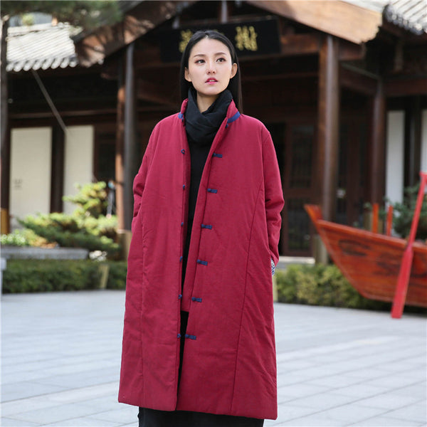 Women Retro Style Middle Length Linen and Cotton Quilted Stand Collar Coat