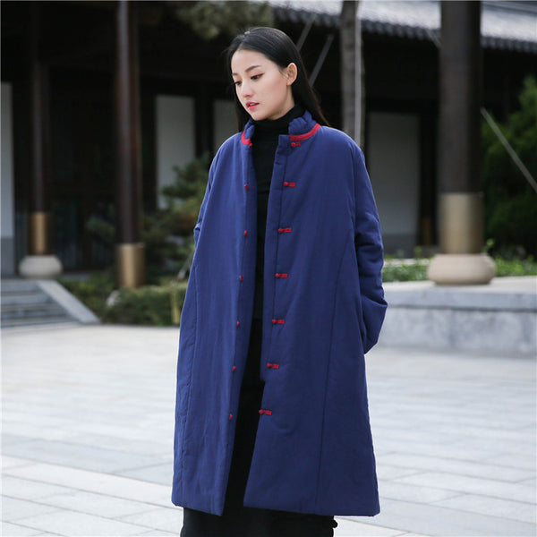 Women Retro Style Middle Length Linen and Cotton Quilted Stand Collar Coat