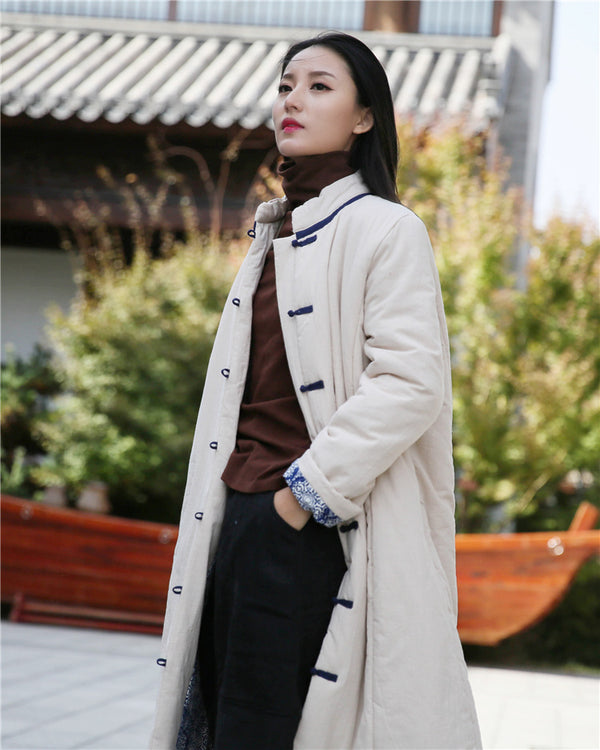 Women Retro Style Middle Length Linen and Cotton Quilted Stand Collar Coat